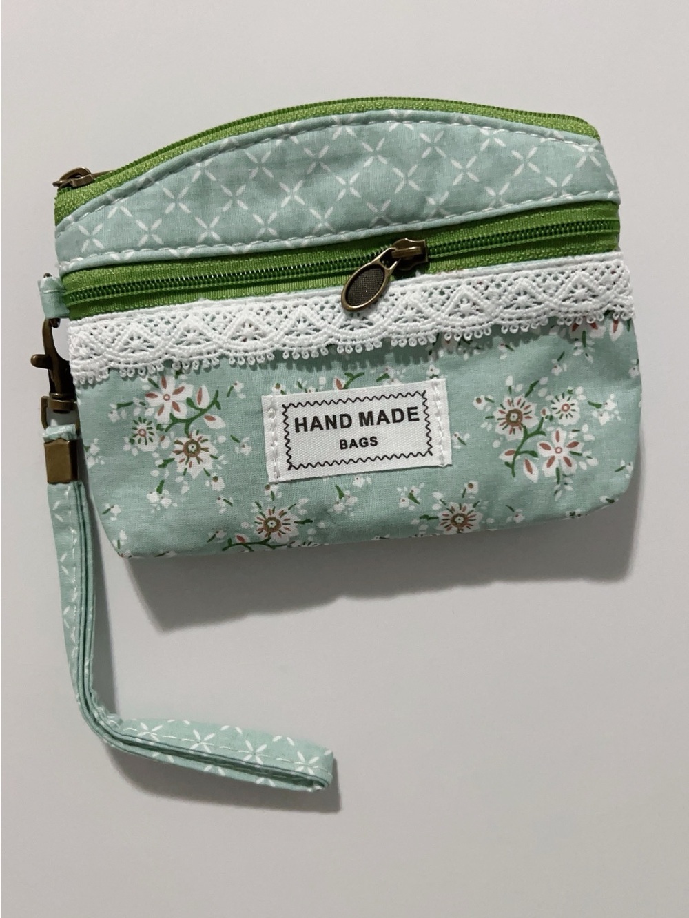 Green Floral Coin Purse Small Wallet with Zipper & Wrist Strap